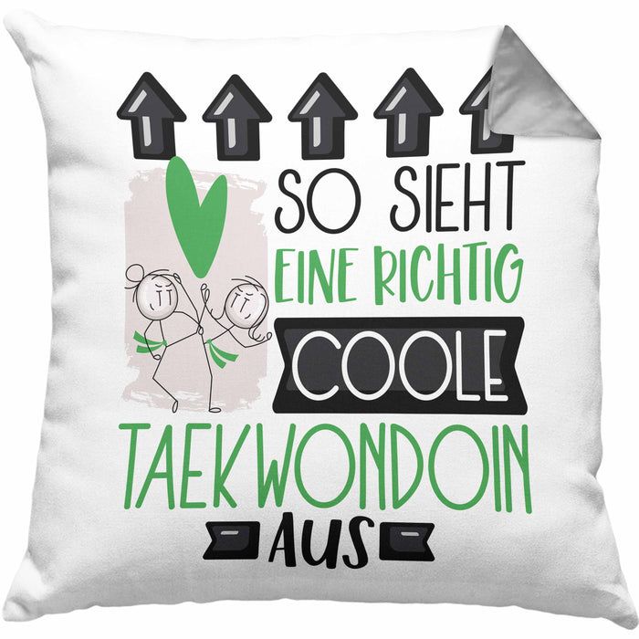 Taekwondoin Geschenk Kissen mit Füllung 40x40 Geschenkidee für Taekwondoin Geburtstag Weihnachten Spruch So Sieht Eine Richtig Coole Taekwondoin Aus (Grau) Grau Trendation