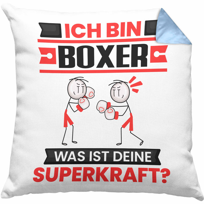 Boxer Kissen mit Füllung 40x40 Geschenk für Boxer Geburtstag Lustiger Spruch Was Ist Deine Superkraft (Grau) Blau Trendation
