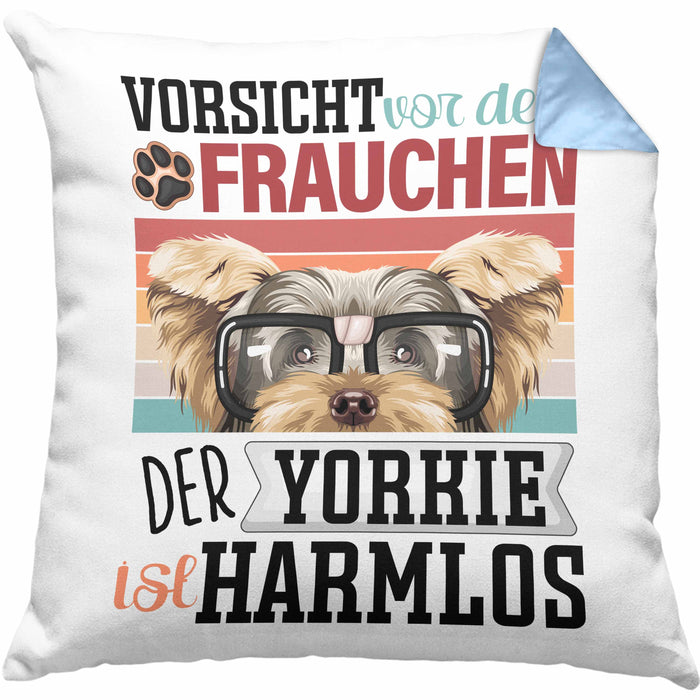 Yorkie Besitzerin Frauchen Kissen mit Füllung 40x40 Geschenk Lustiger Spruch Geschenkidee Vorsicht Vor Dem Frauchen (Grau) Blau Trendation