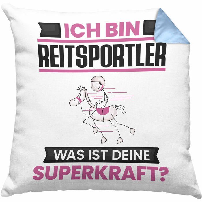 Reitsportler Kissen mit Füllung 40x40 Geschenk für Reitsportler Geburtstag Lustiger Spruch Was Ist Deine Superkraft (Grau) Blau Trendation