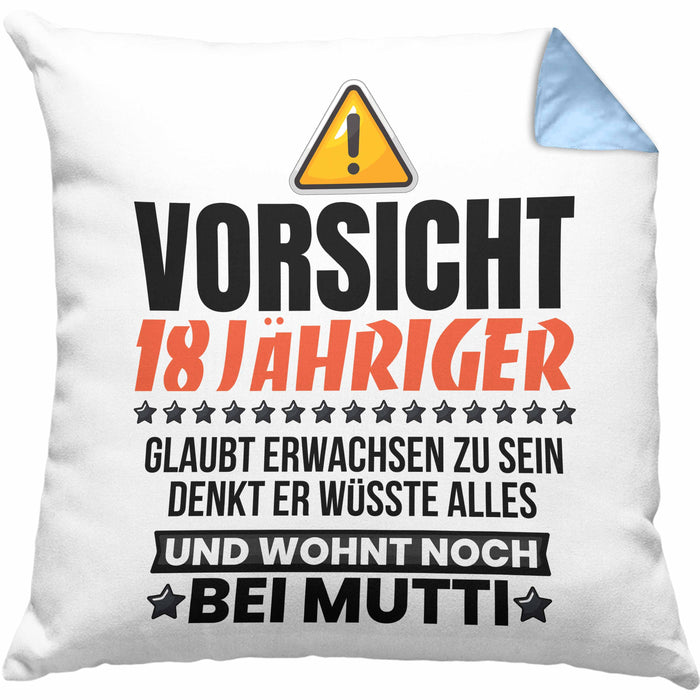 18. Geburtstag Kissen mit Füllung 40x40 Geschenk Jungs Männer Vorsicht 18 Jähriger Glaubt Erwachsen Zu Sein Wohnt Noch Bei Mutti (Grau) Blau Trendation