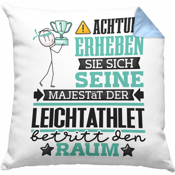 Leichtathlet Geschenk Kissen mit Füllung 40x40 Lustiger Spruch Erheben Sie Sich Der Leichtathlet Betritt den Raum (Grau) Blau Trendation