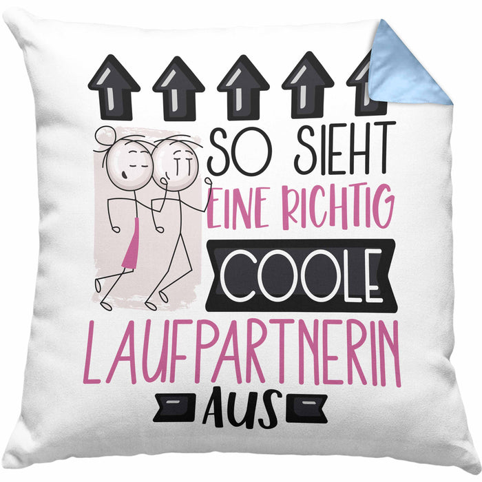 Laufpartnerin Geschenk Kissen mit Füllung 40x40 Lustig Geschenkidee für Laufpartnerin Geburtstag So Sieht Eine Richtig Coole Laufpartnerin Aus Frauen Spruch (Grau) Blau Trendation