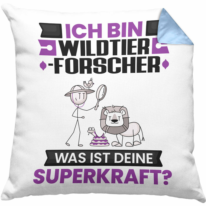 Wildtierforscher Kissen mit Füllung 40x40 Geschenk für Wildtierforscher Geburtstag Lustiger Spruch Was Ist Deine Superkraft (Grau) Blau Trendation