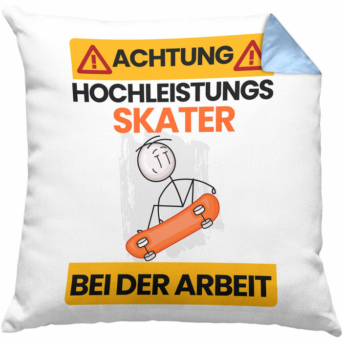Skater Kissen mit Füllung 40x40 Geschenk Lustiger Spruch Geschenkidee für Skater Achtung Hochleistungs Skater Bei Der Arbeit (Grau) Blau Trendation