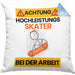 Skater Kissen mit Füllung 40x40 Geschenk Lustiger Spruch Geschenkidee für Skater Achtung Hochleistungs Skater Bei Der Arbeit (Grau) Blau Trendation