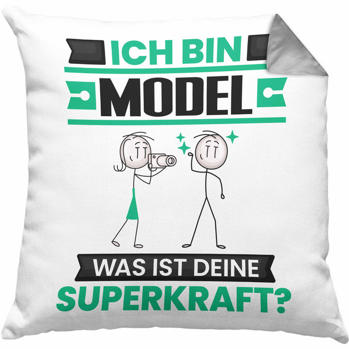 Model Kissen mit Füllung 40x40 Geschenk für Model Geburtstag Lustiger Spruch Was Ist Deine Superkraft (Grau) Grau Trendation