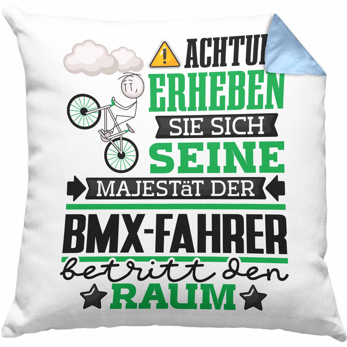 BMX-Fahrer Geschenk Kissen mit Füllung 40x40 Lustiger Spruch Erheben Sie Sich Der BMX-Fahrer Betritt den Raum (Grau) Blau Trendation