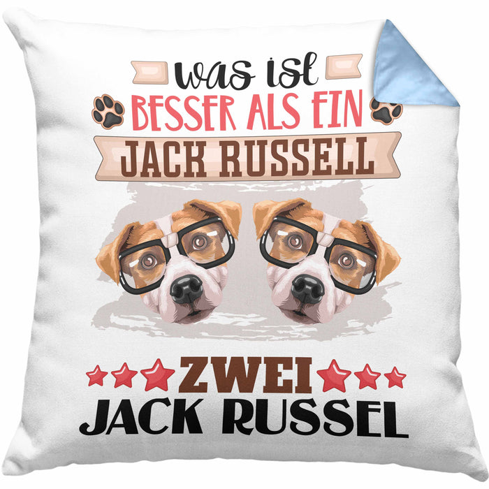 Jack Russel Besitzer Kissen mit Füllung 40x40 Geschenk Lustiger Spruch Geschenkidee Was Ist Besser Als Ein Jack Russel (Grau) Blau Trendation