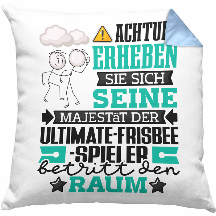 Ultimate-Frisbee-Spieler Geschenk Kissen mit Füllung 40x40 Lustiger Spruch Erheben Sie Sich Der Ultimate-Frisbee-Spieler Betritt den Raum (Grau) Blau Trendation