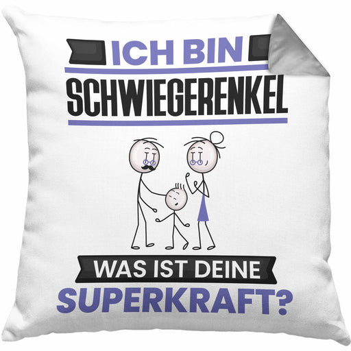 Schwiegerenkel Kissen mit Füllung 40x40 Geschenk für Schwiegerenkel Geburtstag Lustiger Spruch Was Ist Deine Superkraft (Grau) Grau Trendation