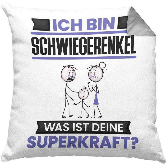 Schwiegerenkel Kissen mit Füllung 40x40 Geschenk für Schwiegerenkel Geburtstag Lustiger Spruch Was Ist Deine Superkraft (Grau) Grau Trendation