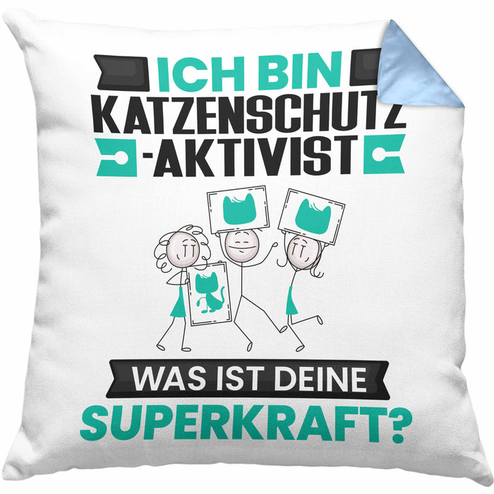 Katzenschutzaktivist Kissen mit Füllung 40x40 Geschenk für Katzenschutzaktivist Geburtstag Lustiger Spruch Was Ist Deine Superkraft (Grau) Blau Trendation
