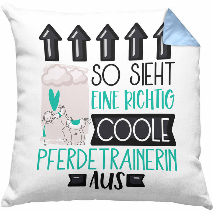 Pferdetrainerin Geschenk Kissen mit Füllung 40x40 Lustig Geschenkidee für Pferdetrainerin Geburtstag So Sieht Eine Richtig Coole Pferdetrainerin Aus Frauen Spruch (Grau) Blau Trendation