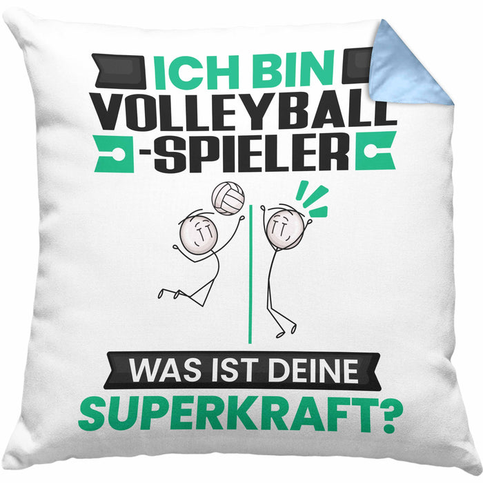 Volleyballspieler Kissen mit Füllung 40x40 Geschenk für Volleyballspieler Geburtstag Lustiger Spruch Was Ist Deine Superkraft (Grau) Blau Trendation