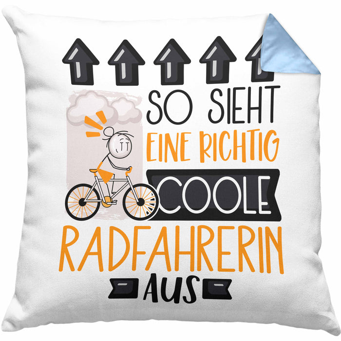 Radfahrerin Geschenk Kissen mit Füllung 40x40 Lustig Geschenkidee für Radfahrerin Geburtstag So Sieht Eine Richtig Coole Radfahrerin Aus Frauen Spruch (Grau) Blau Trendation