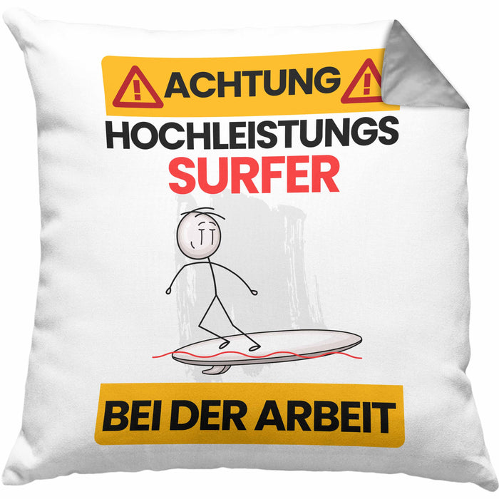 Surfer Kissen mit Füllung 40x40 Geschenk Lustiger Spruch Geschenkidee für Surfer Achtung Hochleistungs Surfer Bei Der Arbeit (Grau) Grau Trendation