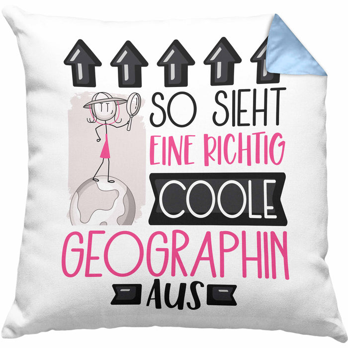 Geographin Geschenk Kissen mit Füllung 40x40 Geschenkidee für Geographin Geburtstag Weihnachten Spruch So Sieht Eine Richtig Coole Geographin Aus (Grau) Blau Trendation