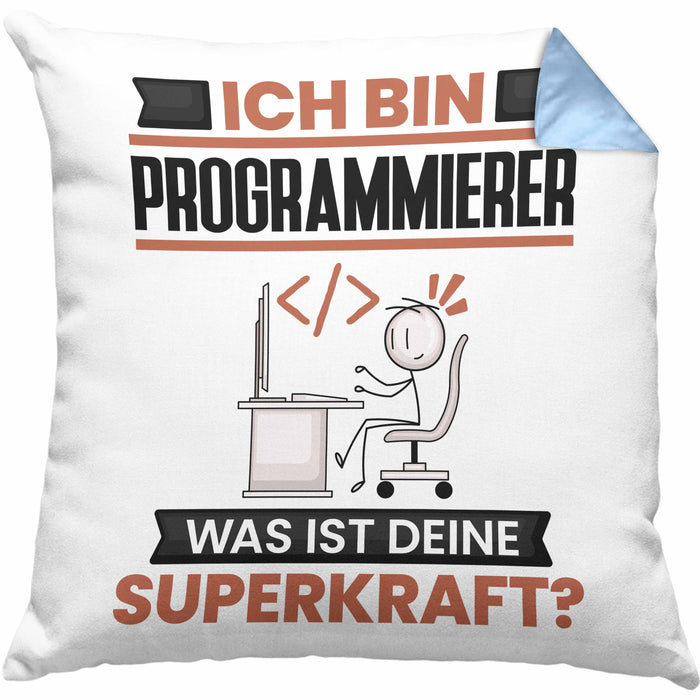 Programmierer Kissen mit Füllung 40x40 Geschenk für Programmierer Geburtstag Lustiger Spruch Was Ist Deine Superkraft (Grau) Blau Trendation