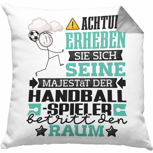 Handballspieler Geschenk Kissen mit Füllung 40x40 Lustiger Spruch Erheben Sie Sich Der Handballspieler Betritt den Raum (Grau) Grau Trendation