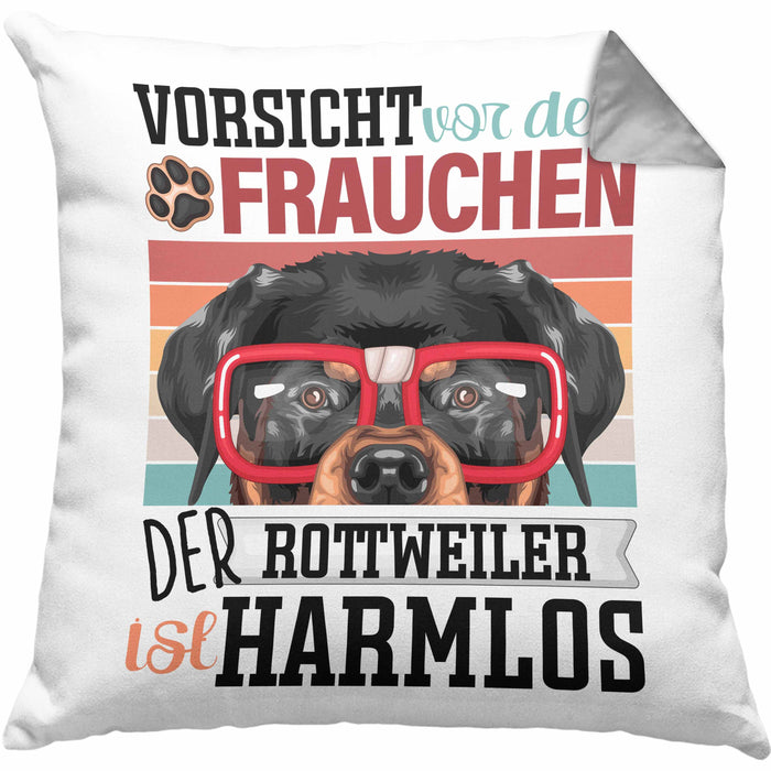 Rottweiler Besitzerin Frauchen Kissen mit Füllung 40x40 Geschenk Lustiger Spruch Geschenkidee Vorsicht Vor Dem Frauchen (Grau) Grau Trendation