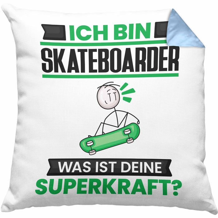 Skateboarder Kissen mit Füllung 40x40 Geschenk für Skateboarder Geburtstag Lustiger Spruch Was Ist Deine Superkraft (Grau) Blau Trendation