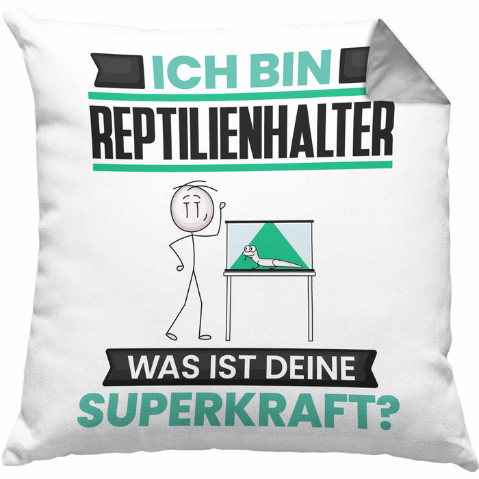 Reptilienhalter Kissen mit Füllung 40x40 Geschenk für Reptilienhalter Geburtstag Lustiger Spruch Was Ist Deine Superkraft (Grau) Grau Trendation