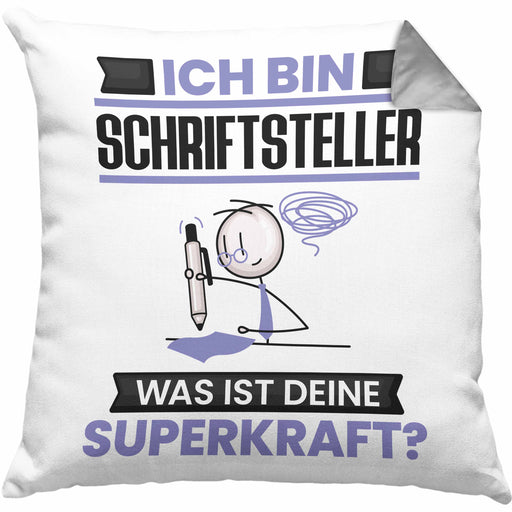 Schriftsteller Kissen mit Füllung 40x40 Geschenk für Schriftsteller Geburtstag Lustiger Spruch Was Ist Deine Superkraft (Grau) Grau Trendation