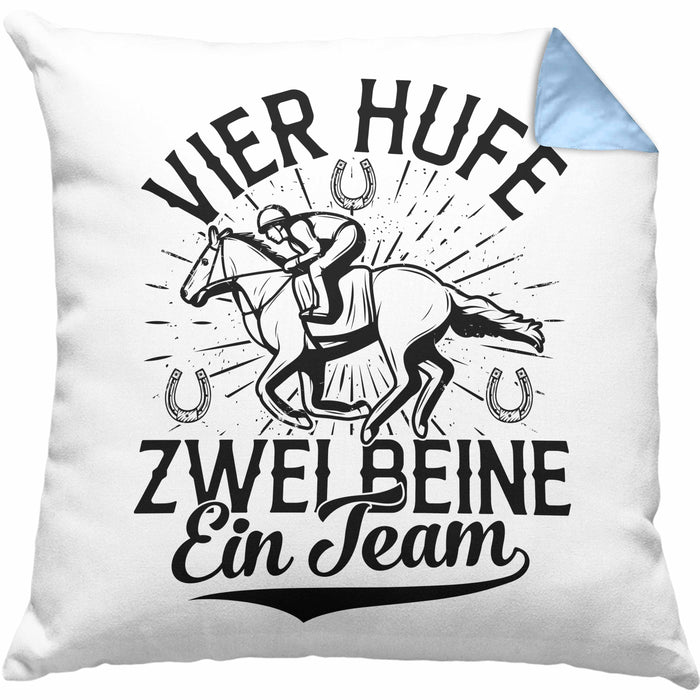 Reiterin Kissen mit Füllung 40x40 Spruch Geschenk Pferde-Liebhaberin Geschenkidee Mädchen Vier Hufe Zwei Beine Ein Team (Grau) Blau Trendation