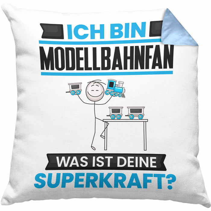 Modellbahnfan Kissen mit Füllung 40x40 Geschenk für Modellbahnfan Geburtstag Lustiger Spruch Was Ist Deine Superkraft (Grau) Blau Trendation