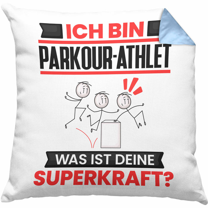 Parkour-Athlet Kissen mit Füllung 40x40 Geschenk für Parkour-Athlet Geburtstag Lustiger Spruch Was Ist Deine Superkraft (Grau) Blau Trendation
