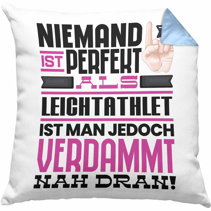 Leichtathlet Geschenk Kissen mit Füllung 40x40 Lustige Geschenkidee für Leichtathlet Geburtstag Niemand Ist Perfekt Aber Als Leichtathlet Ist Man Nah Dran (Grau) Blau Trendation