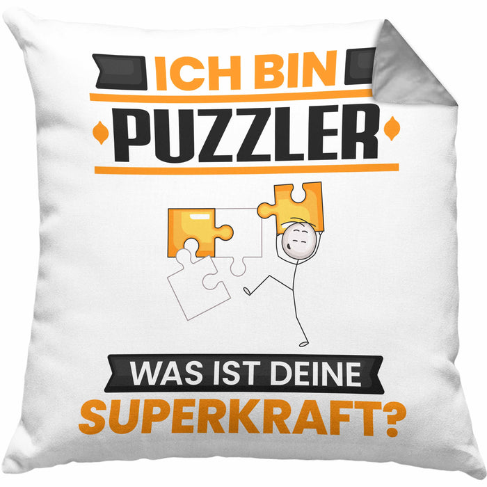 Puzzler Kissen mit Füllung 40x40 Geschenk für Puzzler Geburtstag Lustiger Spruch Was Ist Deine Superkraft (Grau) Grau Trendation