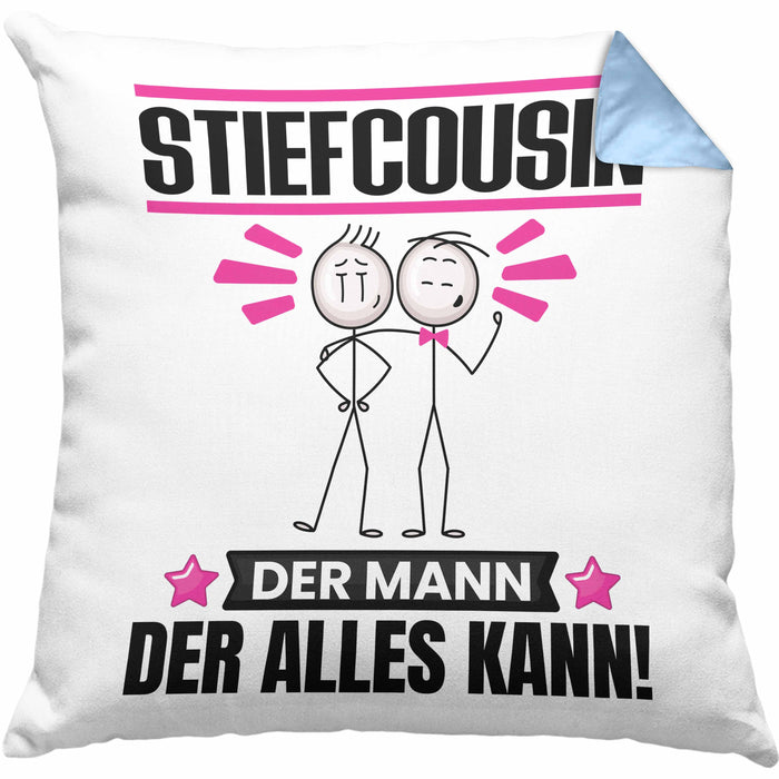 Stiefcousin Kissen mit Füllung 40x40 Geschenk für Stiefcousin Der Mann Der Alles Kann Geschenkidee zum Geburtstag (Grau) Blau Trendation