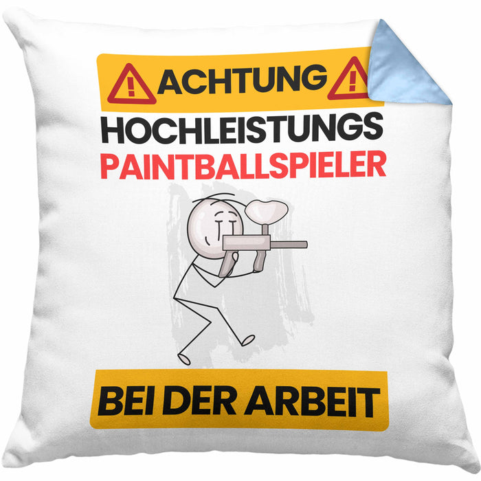 Paintballspieler Kissen mit Füllung 40x40 Geschenk Lustiger Spruch Geschenkidee für Paintballspieler Achtung Hochleistungs Paintballspieler Bei Der Arbeit (Grau) Blau Trendation