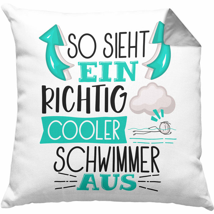 Schwimmer Kissen mit Füllung 40x40 Geschenk So Sieht Ein Richtig Cooler Schwimmer Aus Geschenkidee Spruch Lustig (Grau) Grau Trendation
