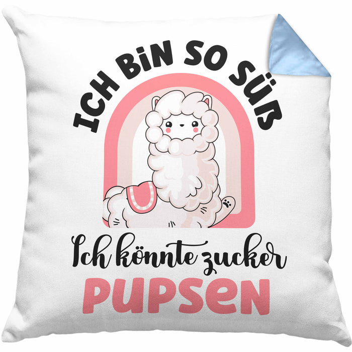Geschenk für beste Freundin Kissen mit Füllung 40x40 Alpaka Llama Kissen mit Füllung 40x40 mit Spruch Ich Bin So Süß Ich Könnte Zucker Pupsen Geschenkidee für Frauen (Grau) Blau Trendation