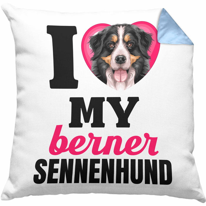 Berner Sennen Besitzerin Kissen mit Füllung 40x40 Geschenk Lustiger Spruch Geschenkidee I Love My Berner Sennen (Grau) Blau Trendation