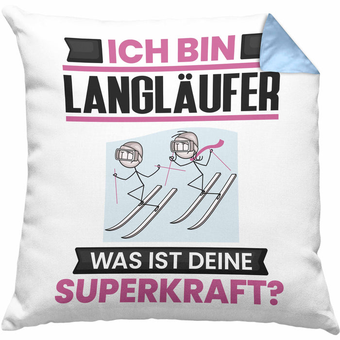 Langläufer Kissen mit Füllung 40x40 Geschenk für Langläufer Geburtstag Lustiger Spruch Was Ist Deine Superkraft (Grau) Blau Trendation