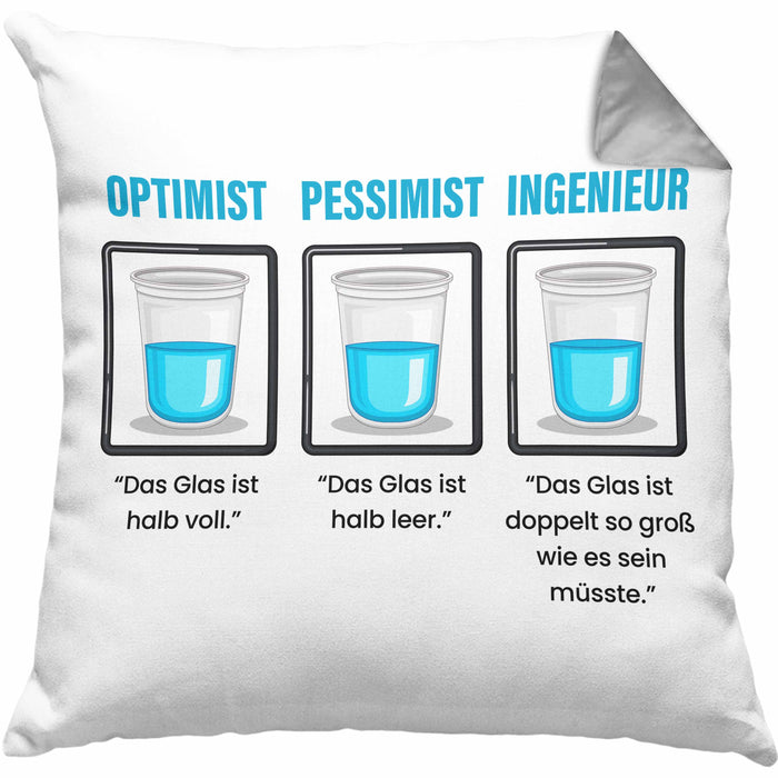 Ingenieur Kissen mit Füllung 40x40 Geschenk Spruch Geschenkidee für Ingenieure Das Glas Ist Doppelt So Groß Wie Es Sein Muss (Grau) Grau Trendation