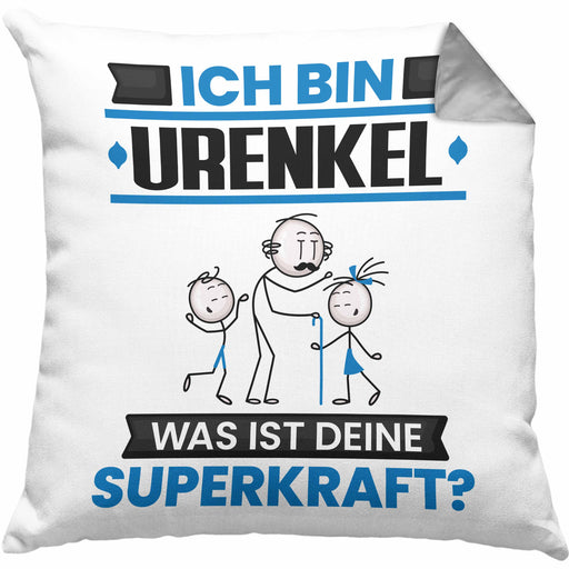 Urenkel Kissen mit Füllung 40x40 Geschenk für Urenkel Geburtstag Lustiger Spruch Was Ist Deine Superkraft (Grau) Grau Trendation