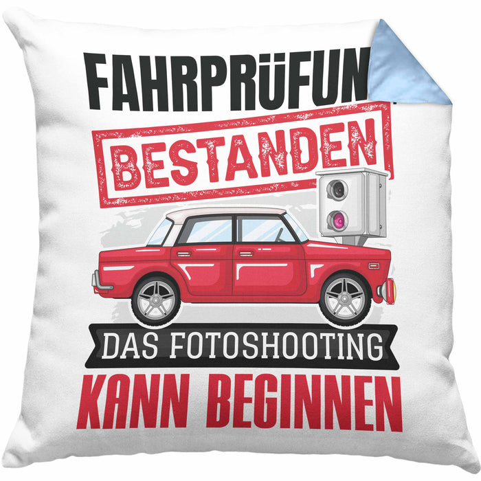 Führerschein Bestanden Geschenk Kissen mit Füllung 40x40 Bestandener Führerschein Das Fotoshooting Kann Beginnen Fahrschule (Grau) Blau Trendation