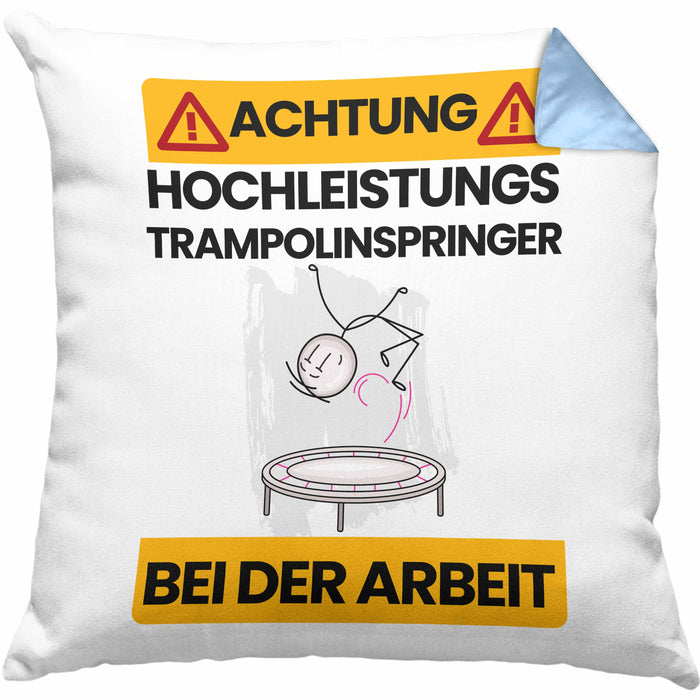 Trampolinspringer Kissen mit Füllung 40x40 Geschenk Lustiger Spruch Geschenkidee für Trampolinspringer Achtung Hochleistungs Trampolinspringer Bei Der Arbeit (Grau) Blau Trendation