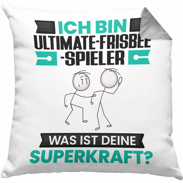 Ultimate-Frisbee-Spieler Kissen mit Füllung 40x40 Geschenk für Ultimate-Frisbee-Spieler Geburtstag Lustiger Spruch Was Ist Deine Superkraft (Grau) Grau Trendation
