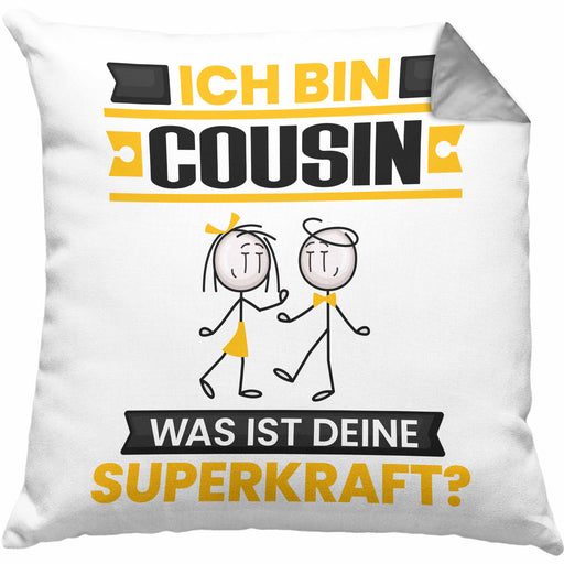 Cousin Kissen mit Füllung 40x40 Geschenk für Cousin Geburtstag Lustiger Spruch Was Ist Deine Superkraft (Grau) Grau Trendation
