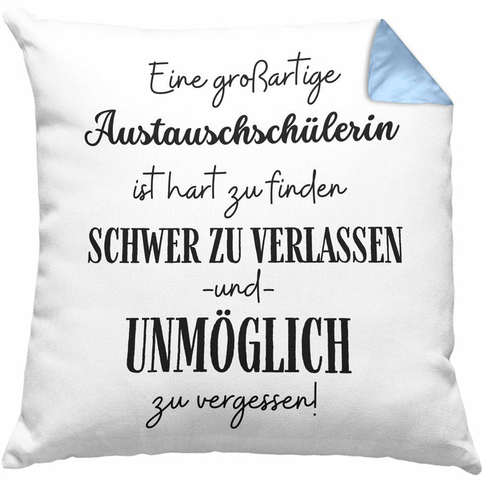 Austauschschülerin Abschied Geschenk Kissen mit Füllung 40x40 Abschiedsgeschenk für Austauschschülerin Hart Zu Finden Schwer Zu Verlassen (Grau) Blau Trendation