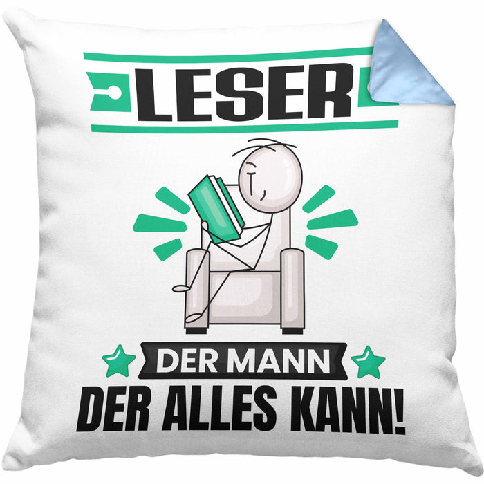 Leser Kissen mit Füllung 40x40 Geschenk für Leser Der Mann Der Alles Kann Geschenkidee zum Geburtstag (Grau) Blau Trendation