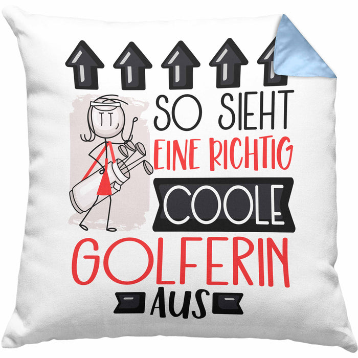 Golferin Geschenk Kissen mit Füllung 40x40 Lustig Geschenkidee für Golferin Geburtstag So Sieht Eine Richtig Coole Golferin Aus Frauen Spruch (Grau) Blau Trendation