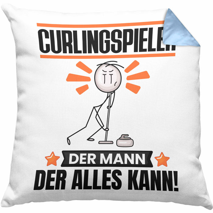 Curlingspieler Kissen mit Füllung 40x40 Geschenk für Curlingspieler Der Mann Der Alles Kann Geschenkidee zum Geburtstag (Grau) Blau Trendation