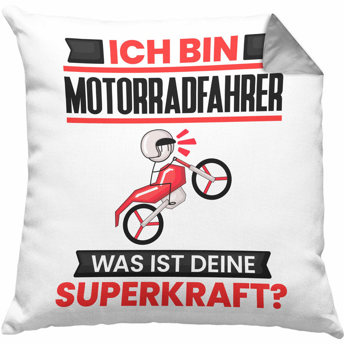 Motorradfahrer Kissen mit Füllung 40x40 Geschenk für Motorradfahrer Geburtstag Lustiger Spruch Was Ist Deine Superkraft (Grau) Grau Trendation
